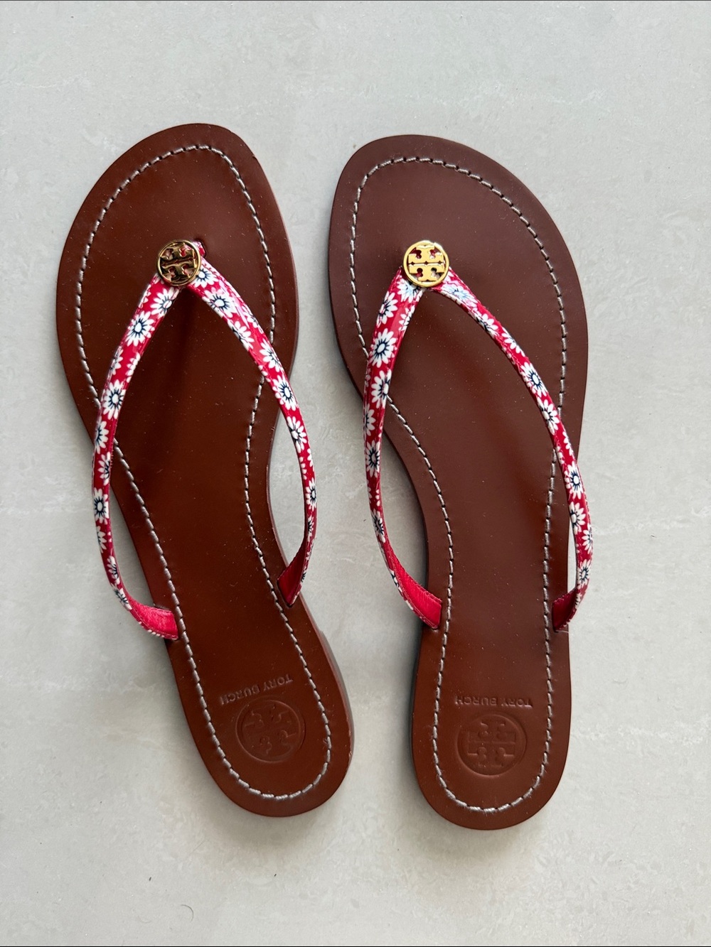 Tory Burch Red Floral Thin-Strap Leather Sandals with Gold Logo